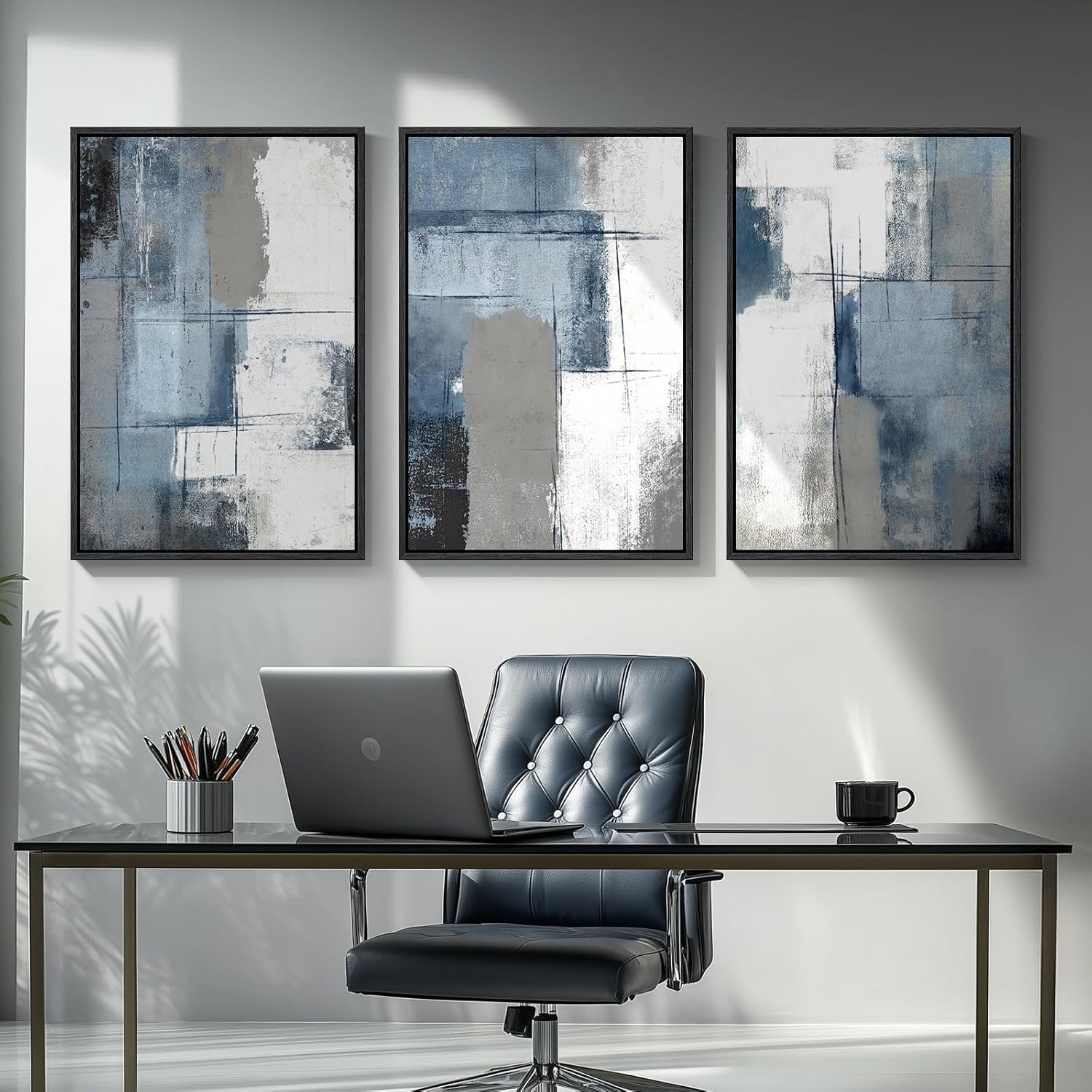3-Piece Navy Blue & Grey Abstract Canvas – Large Modern Wall Art 24x36in