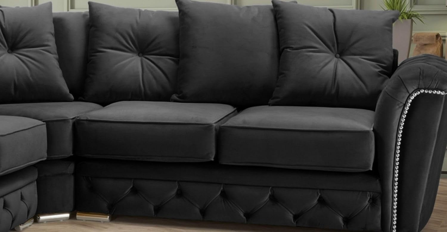 Luxury Chesterfield Black Plush 5 Seater Corner Sofa Studded Arms L-Shape