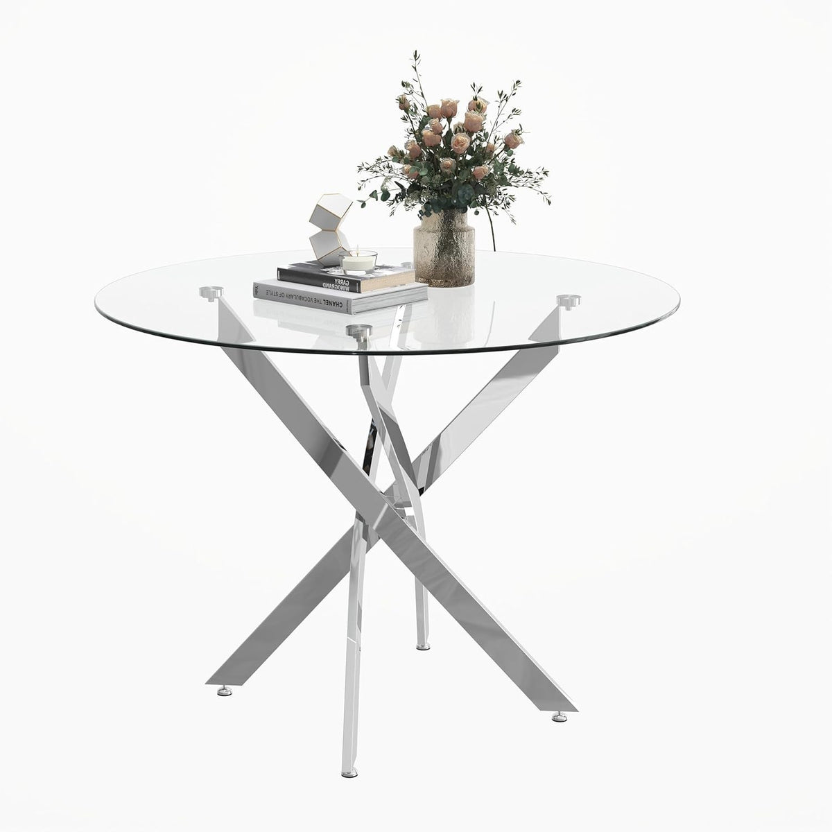 100cm Round Glass Dining Table Chrome Legs Compact Modern Kitchen Table