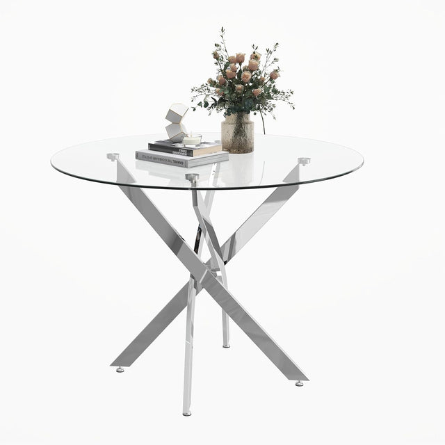 100cm Round Glass Dining Table Chrome Legs Compact Modern Kitchen Table