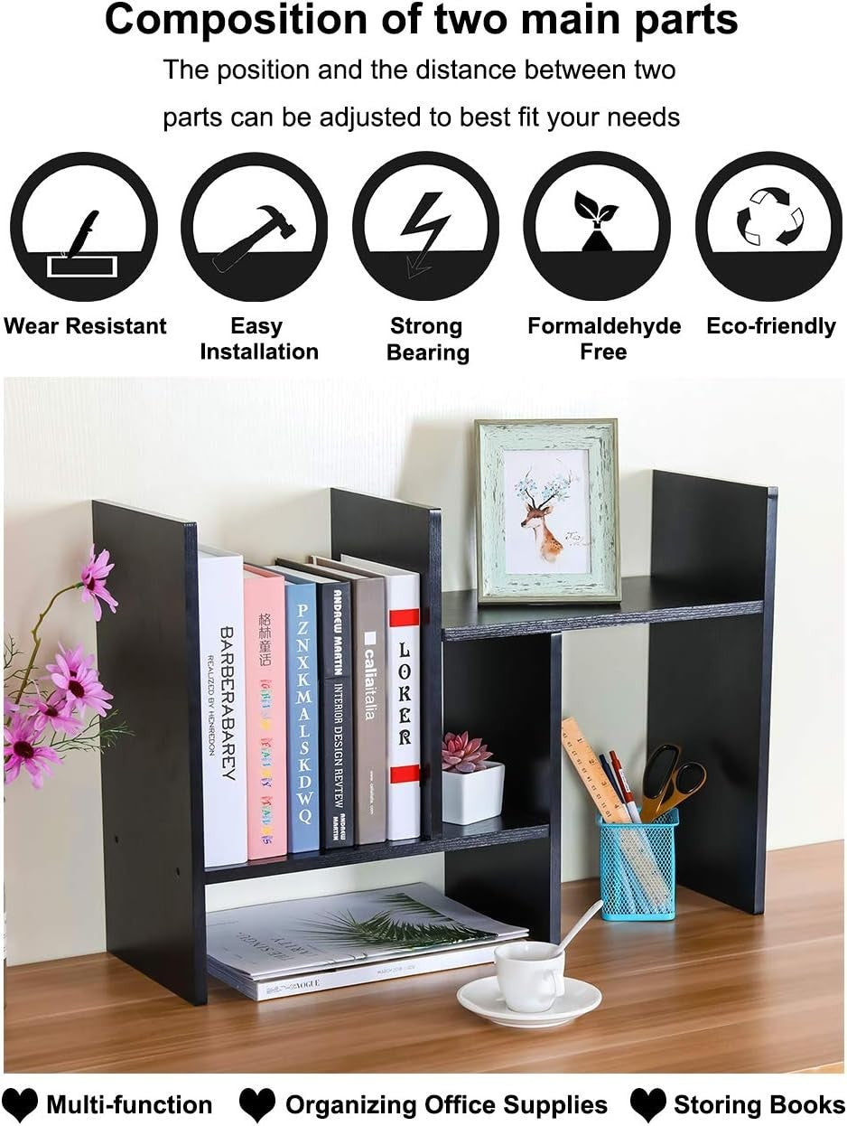 Adjustable Black Wood Desktop Bookshelf 3-Tier Space-Saving Desk Organizer
