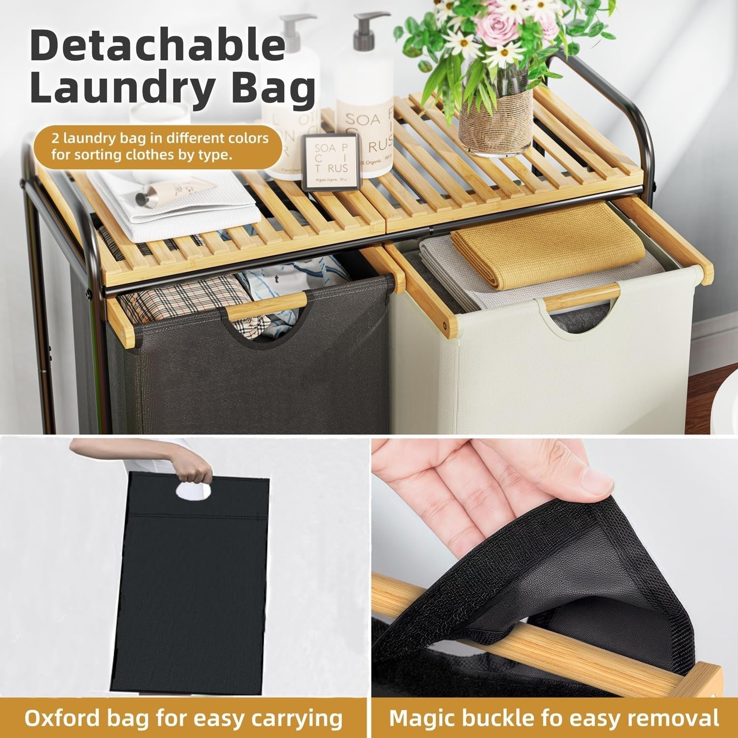 2-Section Laundry Sorter with Bamboo Shelf, Pull-Out 50L Bags & Wheels – Space S