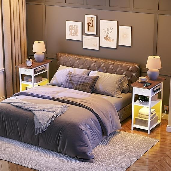 Slim LED Bedside Table with Charging Station, 3-Tier Nightstand for Small Spaces