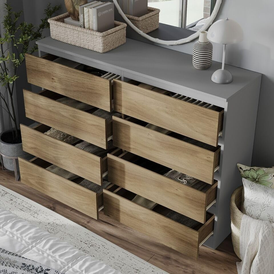 Modern Oak 8 Drawer Chest Storage Unit Grey Wood Dresser Bedroom Cabinet