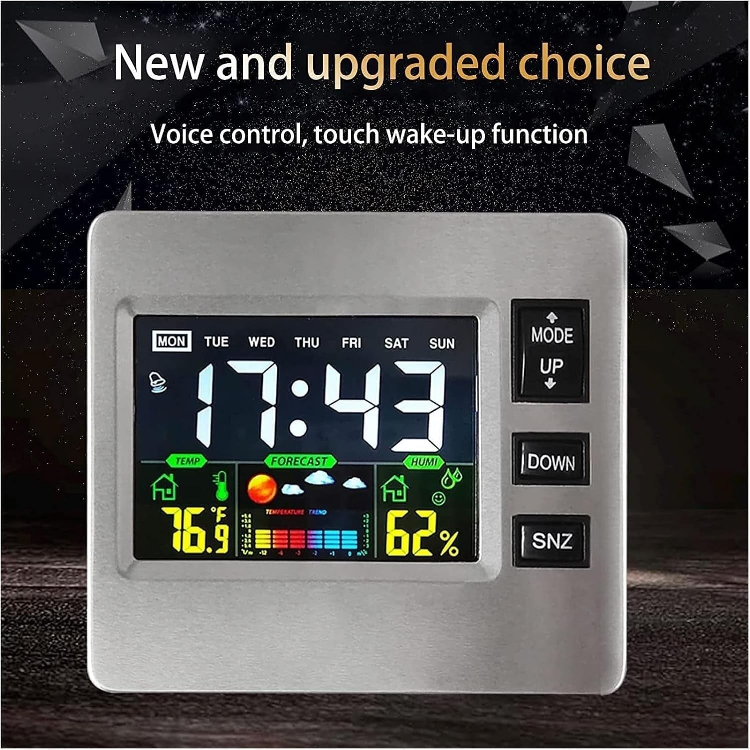 Digital Alarm Clock Weather Humidity Display Loud Volume Bedside Desk Clock