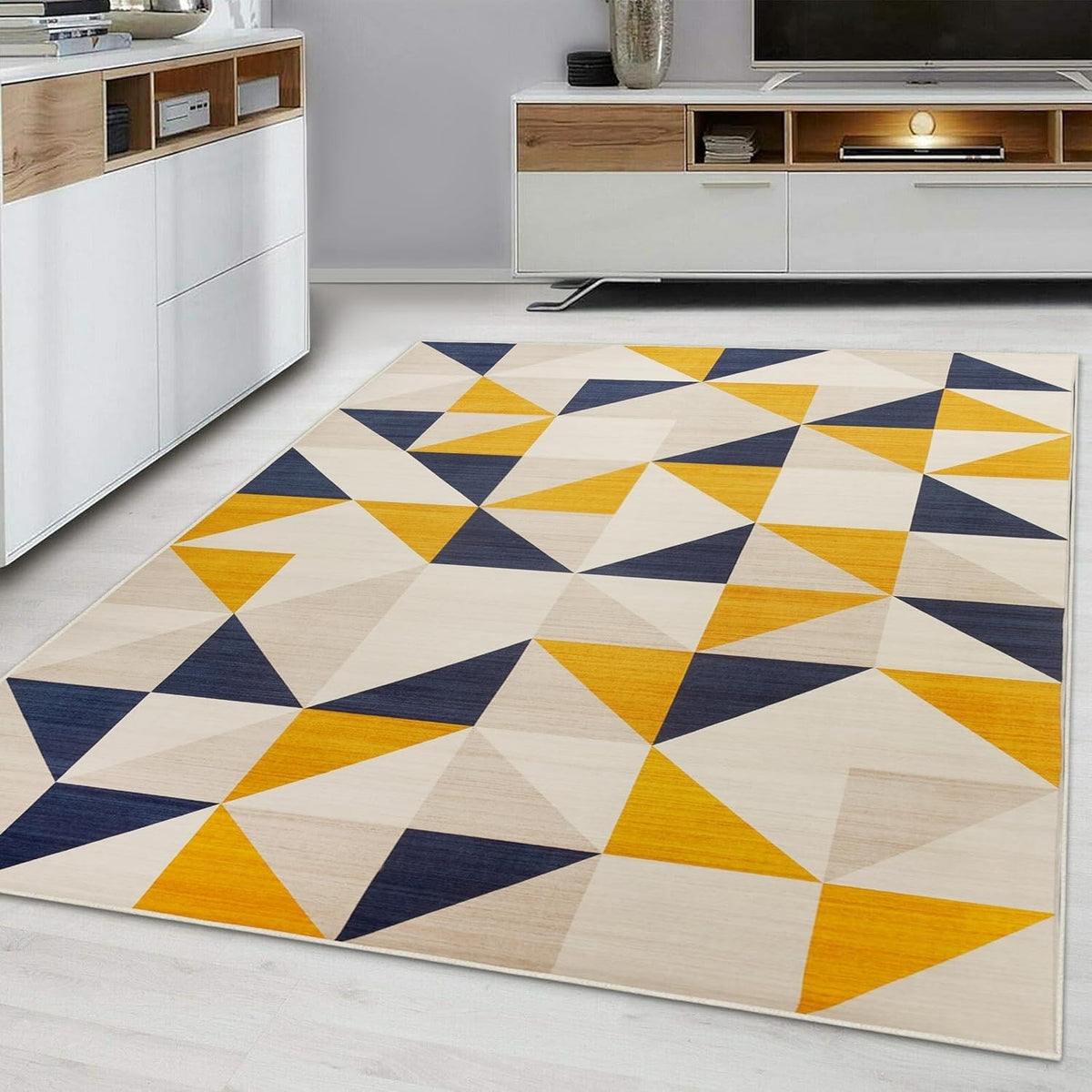 Yellow Blue Geometric Rug Soft Modern Triangle Pattern Carpet 120x170cm