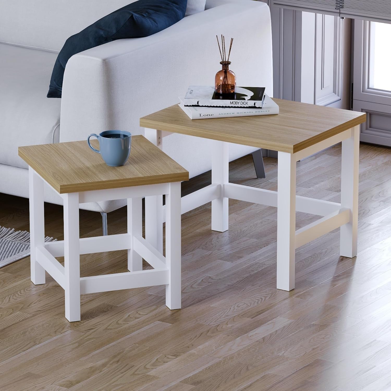 Space Saving Nesting Side Tables White & Oak Modern Living Room Nightstand