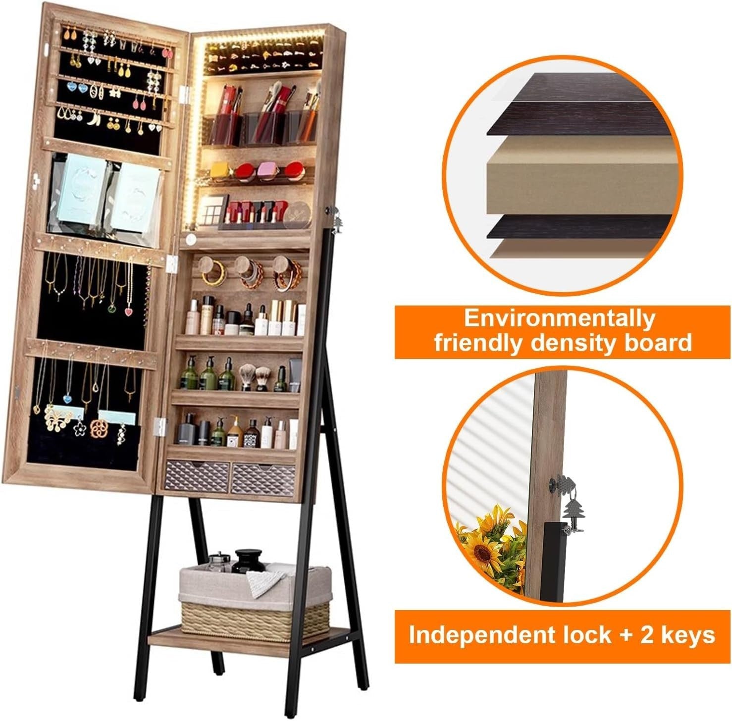 LED Standing Jewelry Cabinet Full Length Mirror Lockable Storage White