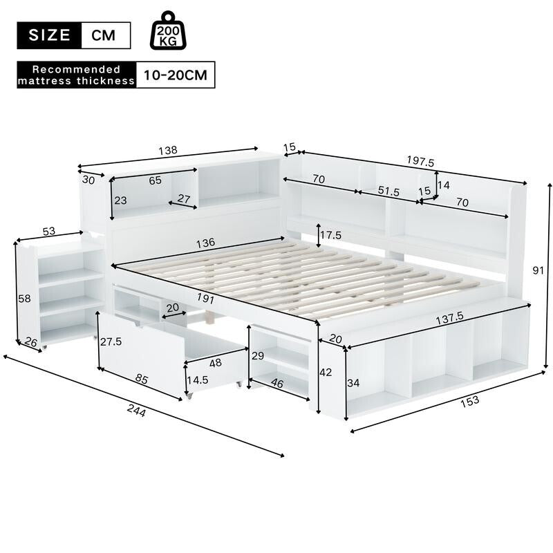 Kids Double Bed with Storage Drawers Bookcase Shelves 4ft6 White 135x190cm