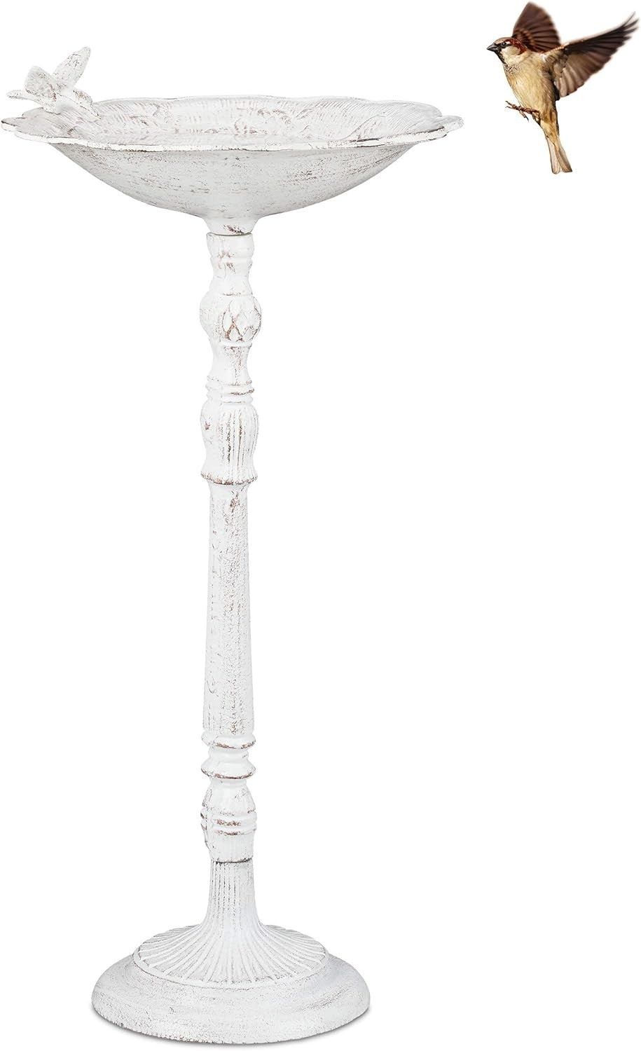 White Cast Iron Bird Bath | 74cm Antique Standing Garden Water Bowl