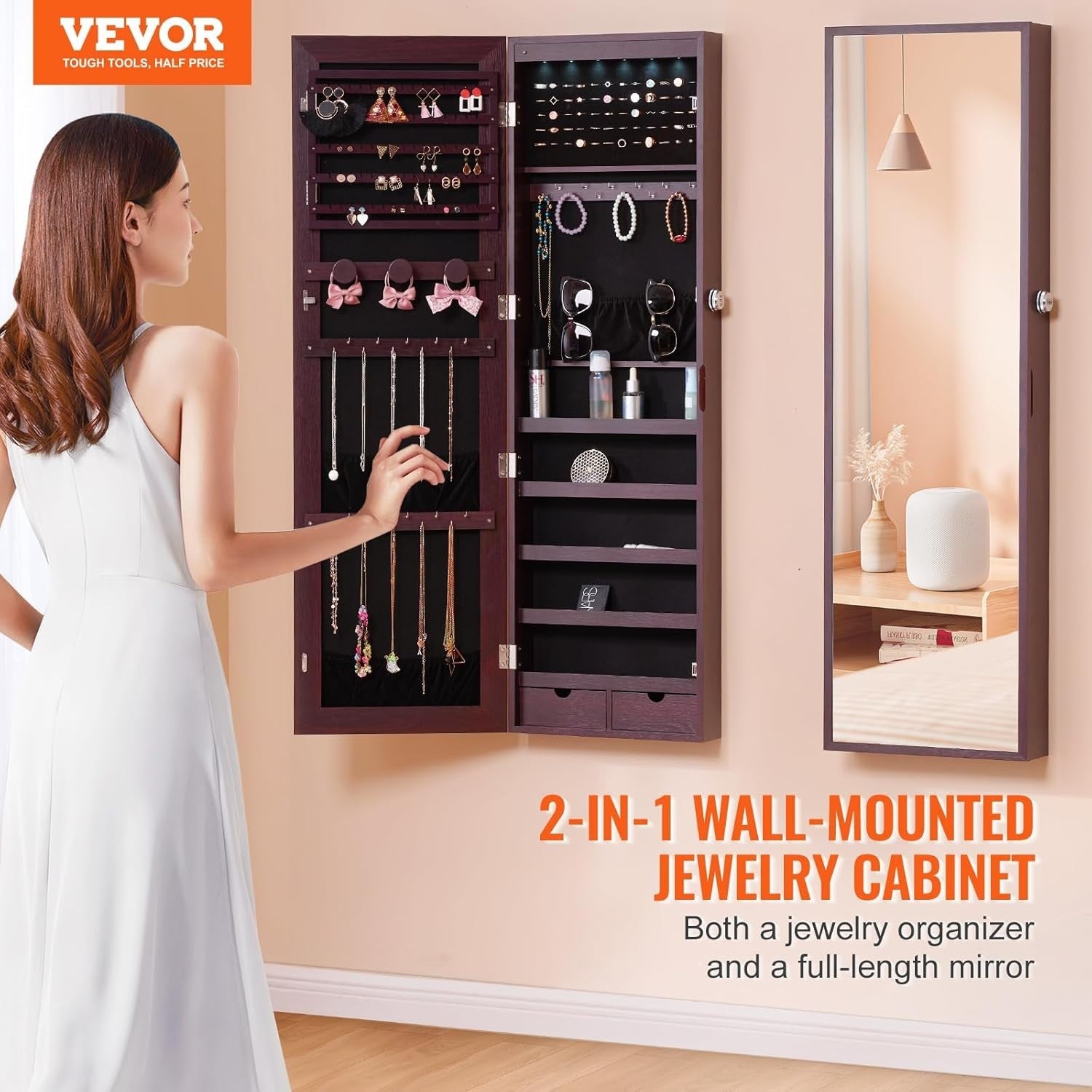 LED Jewelry Mirror Cabinet Lockable Wall Mounted Full Length Storage Brown
