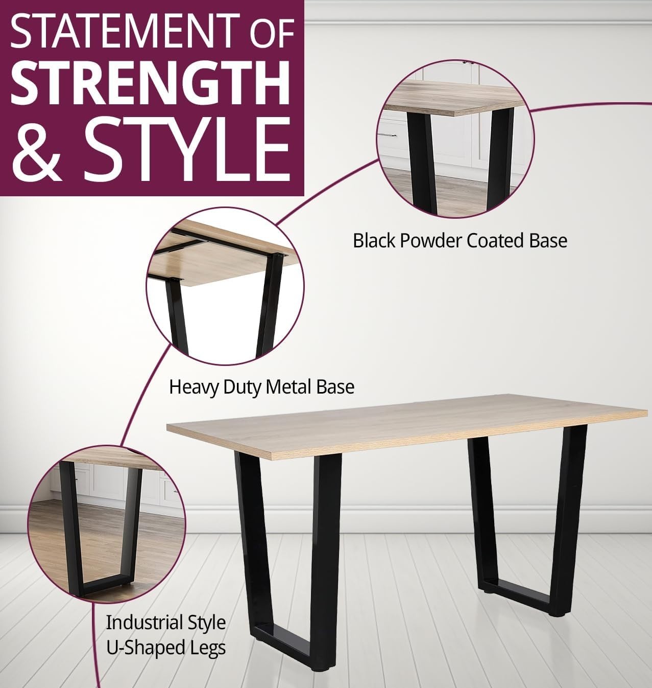 Industrial Oak Dining Table 150cm Metal Legs, 4-6 Seater Modern Home