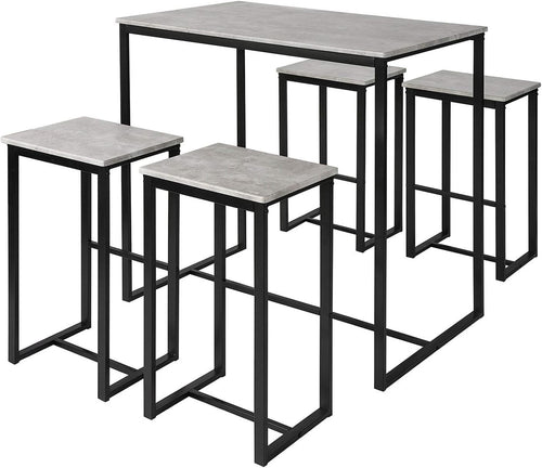 5-Piece Bar Table Set with 4 Stools, Black & Grey Space-Saving Dining Set