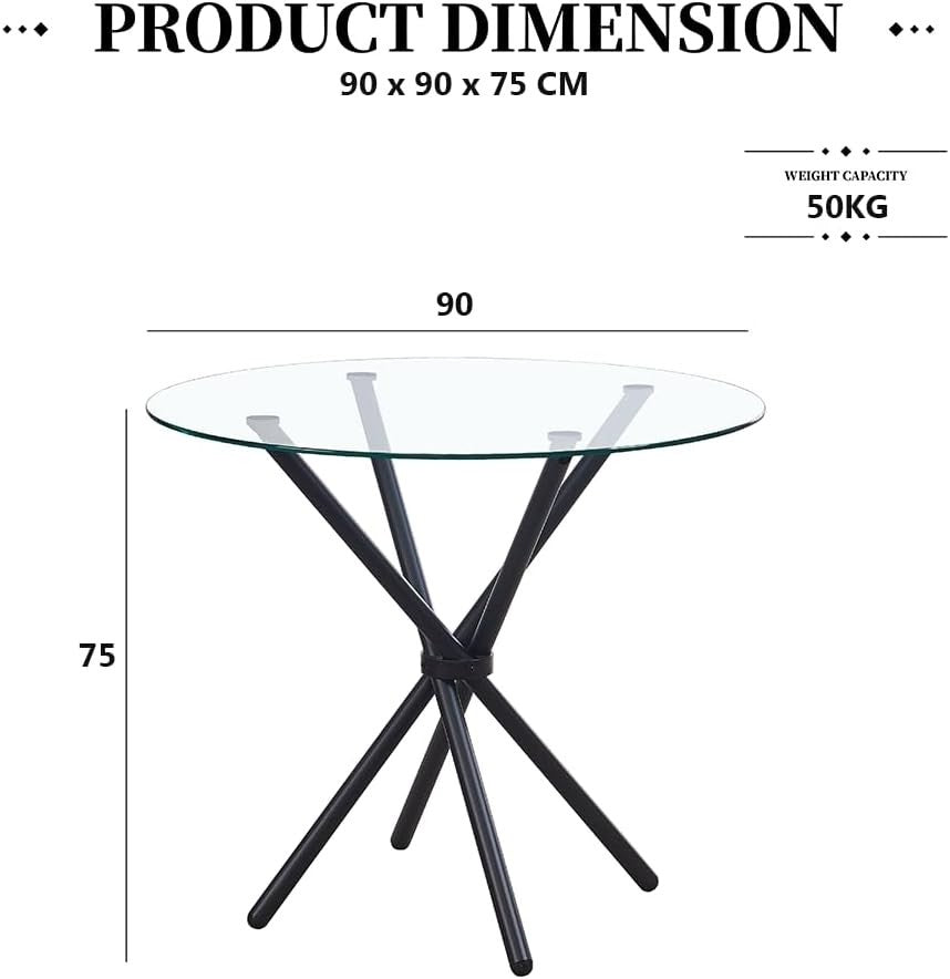 Round Glass Dining Table Set 4 Seater 90cm Black Faux Leather Chairs