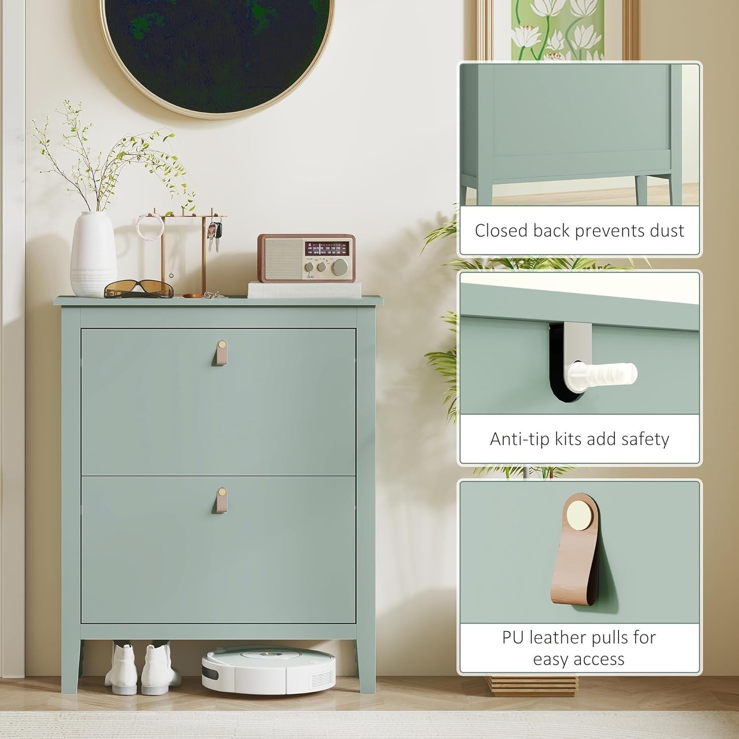 Narrow 2 Drawer Shoe Cabinet with Flip Doors & Adjustable Shelves 80x24x95cm