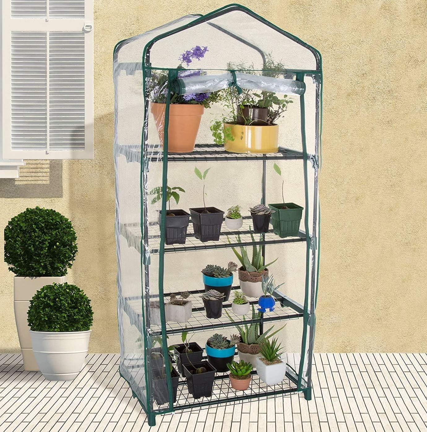 4 Tier Compact Greenhouse with Shelves & Waterproof PVC Cover for Garden