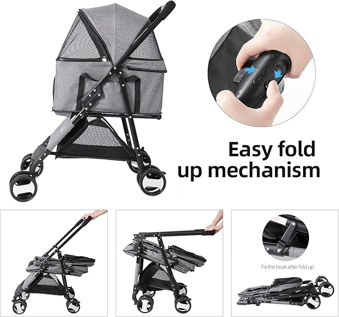 Pet Stroller Foldable Dog Cat Pram 4 Wheel Travel Pushchair 20kg