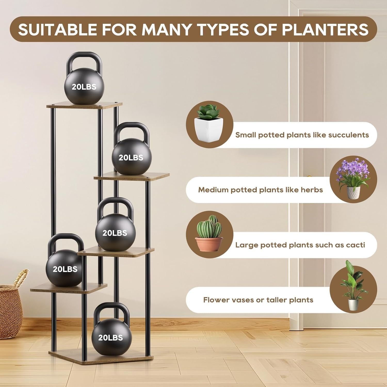 5 Tier Metal Plant Stand Indoor Corner Flower Shelf Wood Display Rack for Living