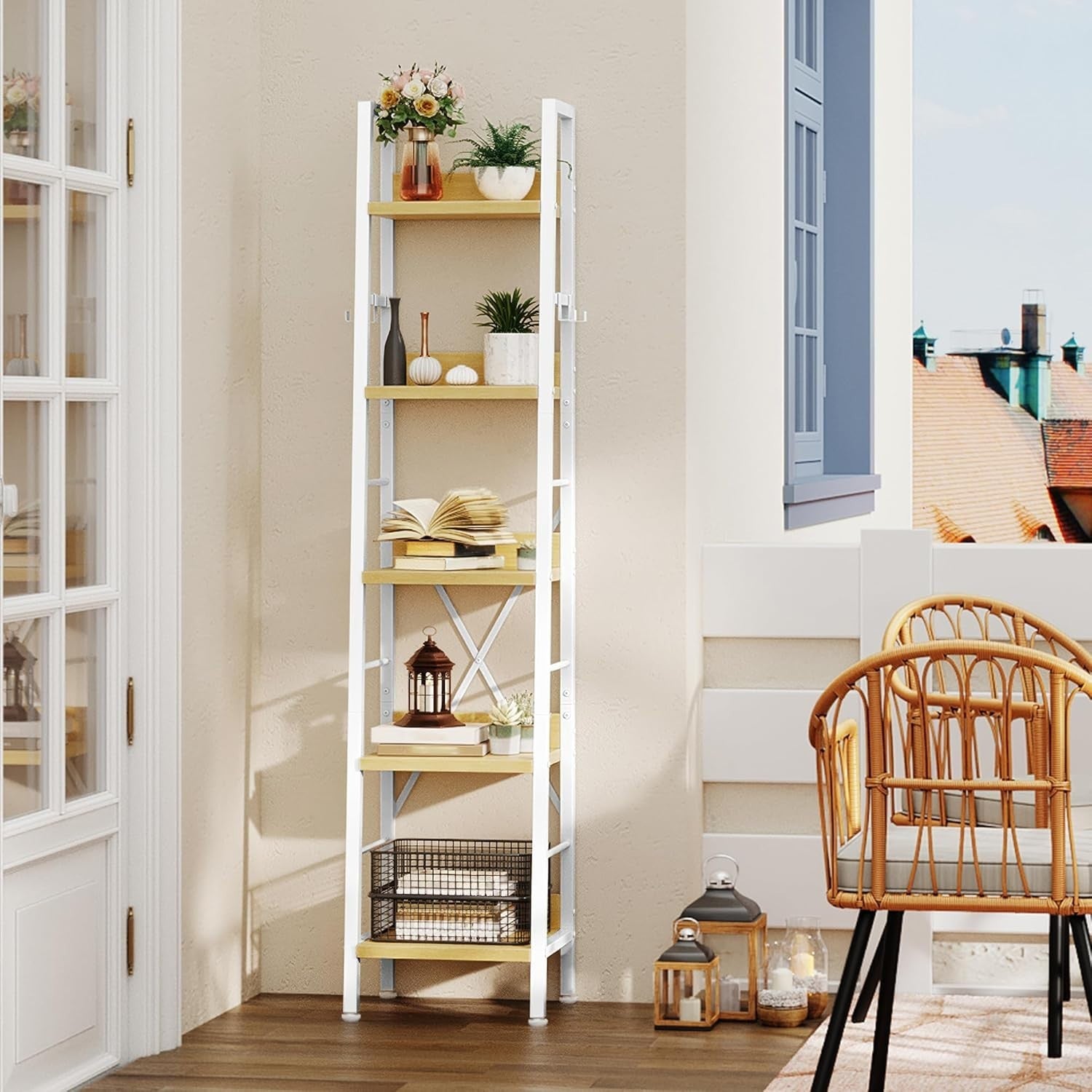 Slim 5 Tier Ladder Bookcase Narrow Storage Shelf Metal Wood Unit