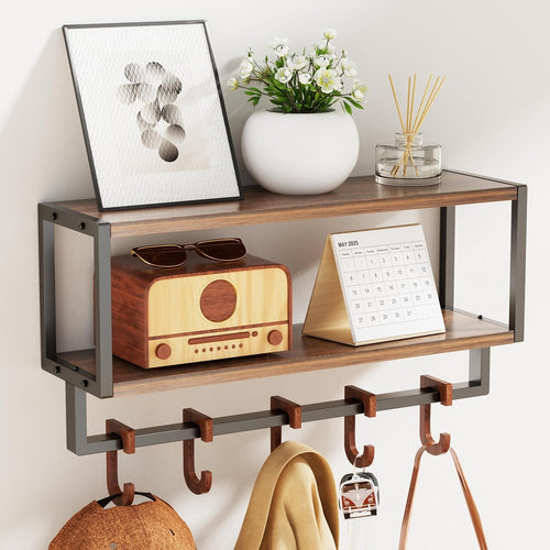 Rustic Wall Shelf with Hooks 2 Tier Coat Rack Industrial Wood Metal Storage