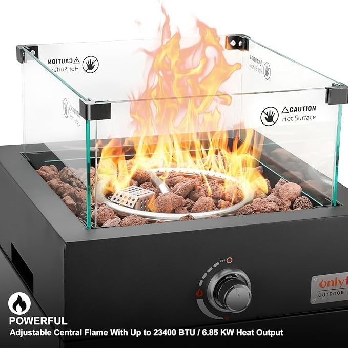 Gas Fire Pit Heater with Glass Wind Guard & Wheels, Smokeless Patio Heating