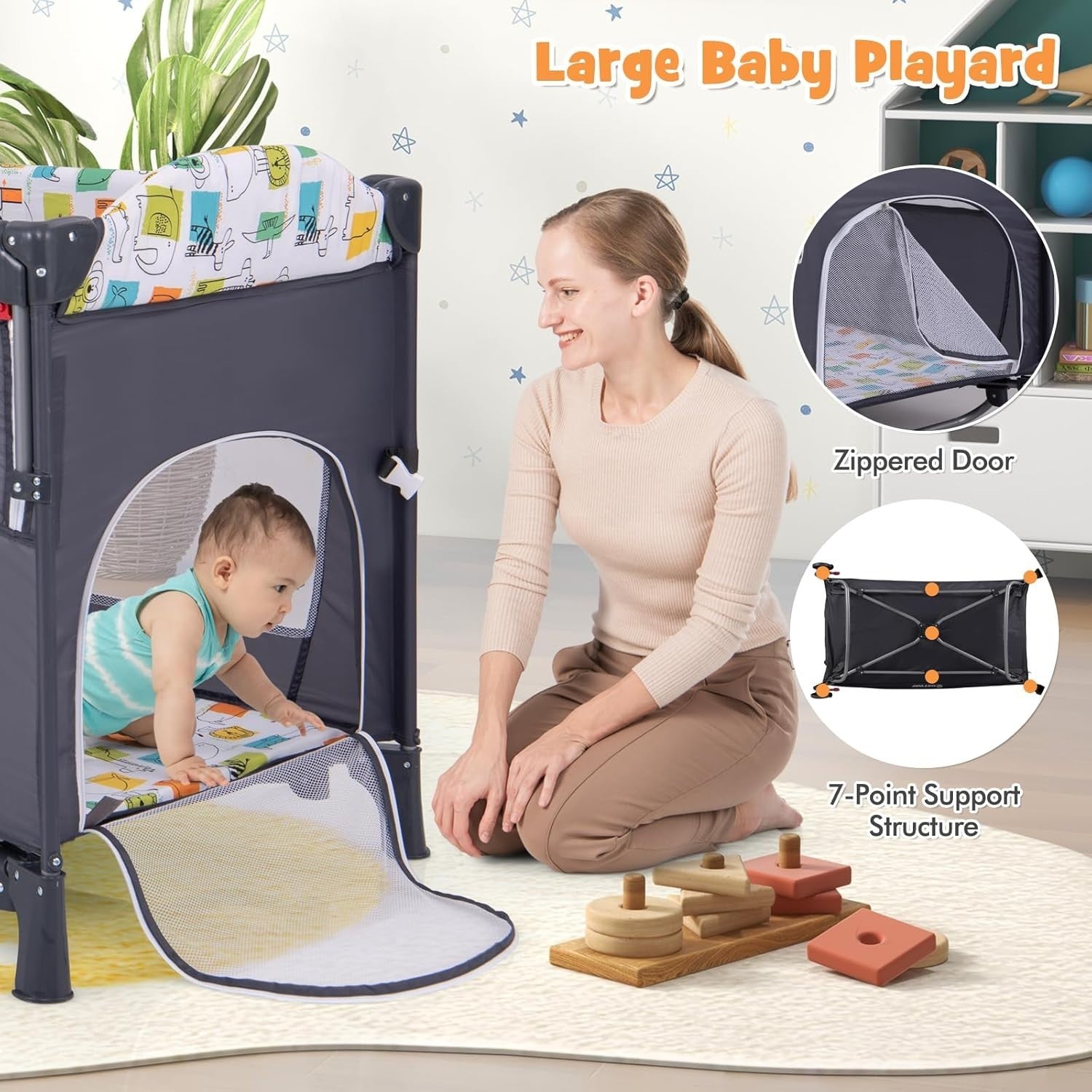 5in1 Baby Travel Cot Foldable Crib with Mattress Basket Changer & Storage Grey