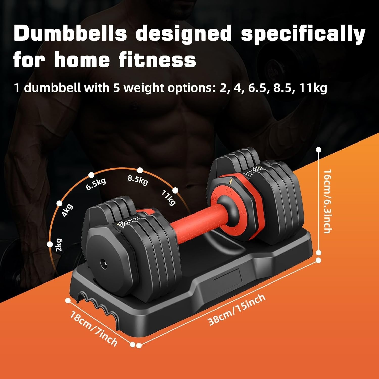11kg Adjustable Dumbbell Pair 5-in-1 One-Hand Dial Safety Lock Home Gym