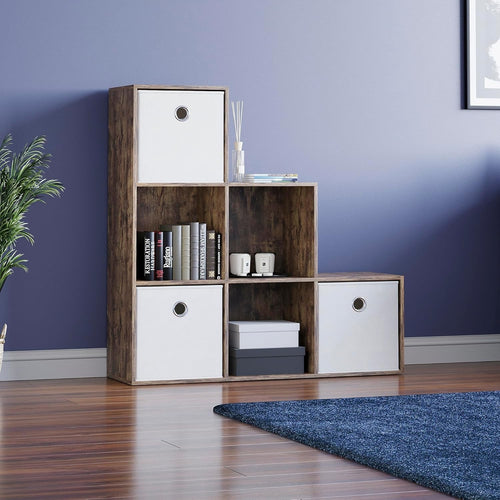 Dark Wood 6 Cube Staircase Storage Unit with 3 Baskets – Bookcase Shelf