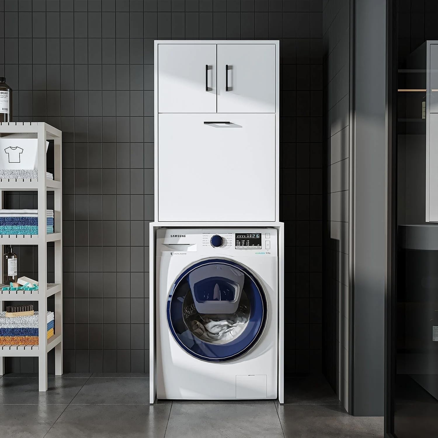 White Washing Machine Cabinet with Cupboards & Built-In Laundry Basket 180cm