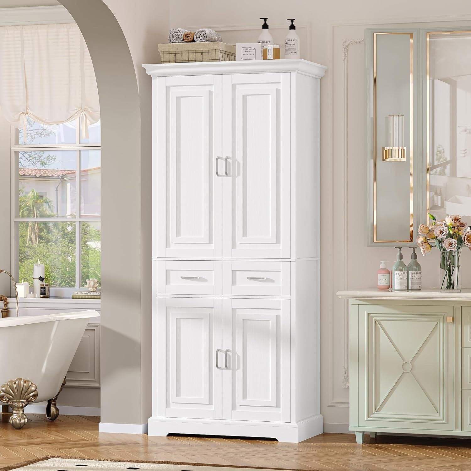 180.5cm Tall Kitchen Cupboard White 4 Doors 2 Drawers Adjustable Shelves