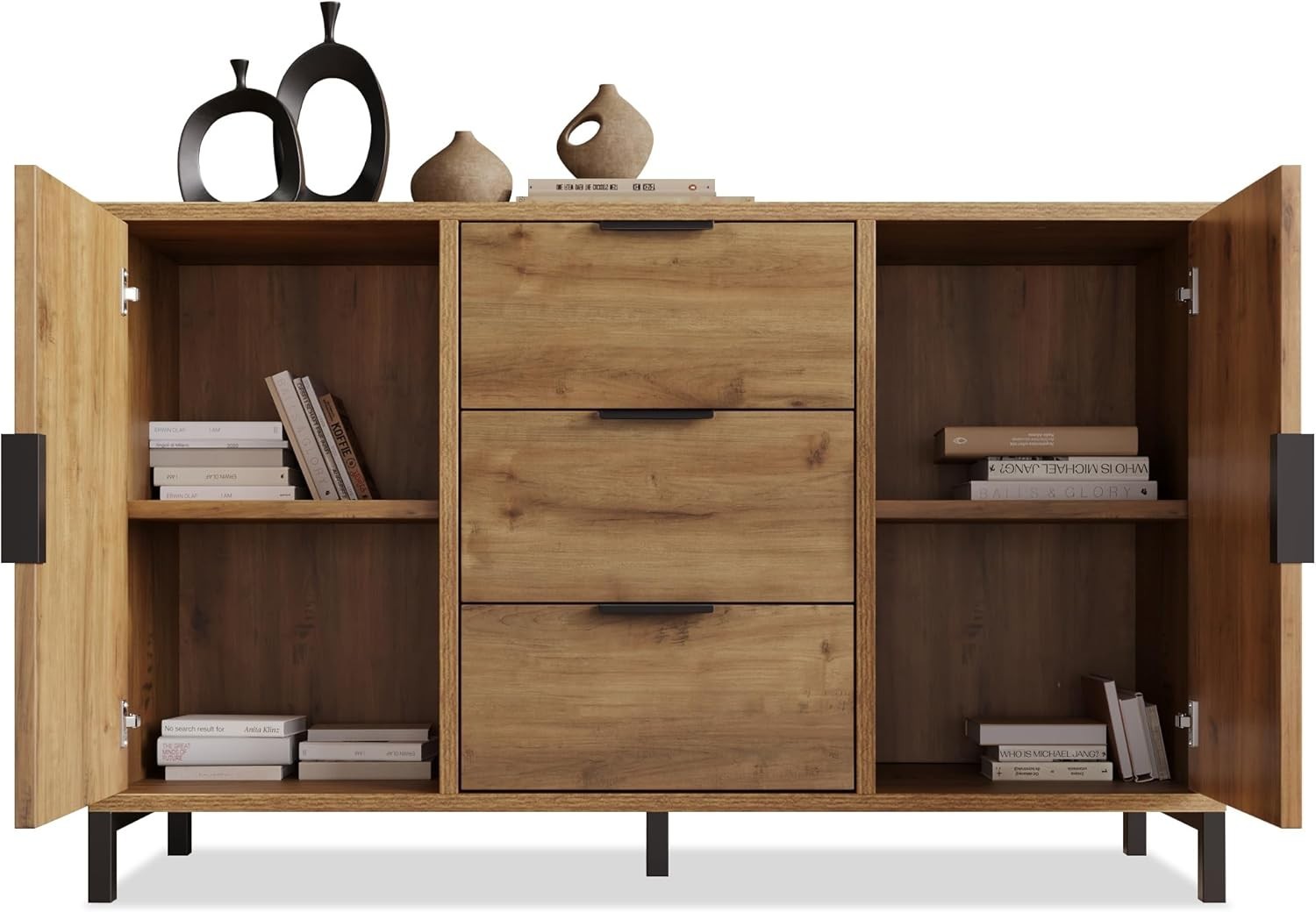 Rustic Oak Sideboard Cabinet 120cm 3 Drawers 2 Door Unit Metal Legs Hallway