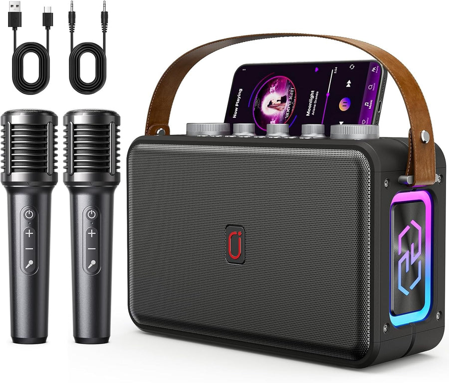 Bluetooth 5.3 Karaoke Machine 2 Wireless Mics Portable PA