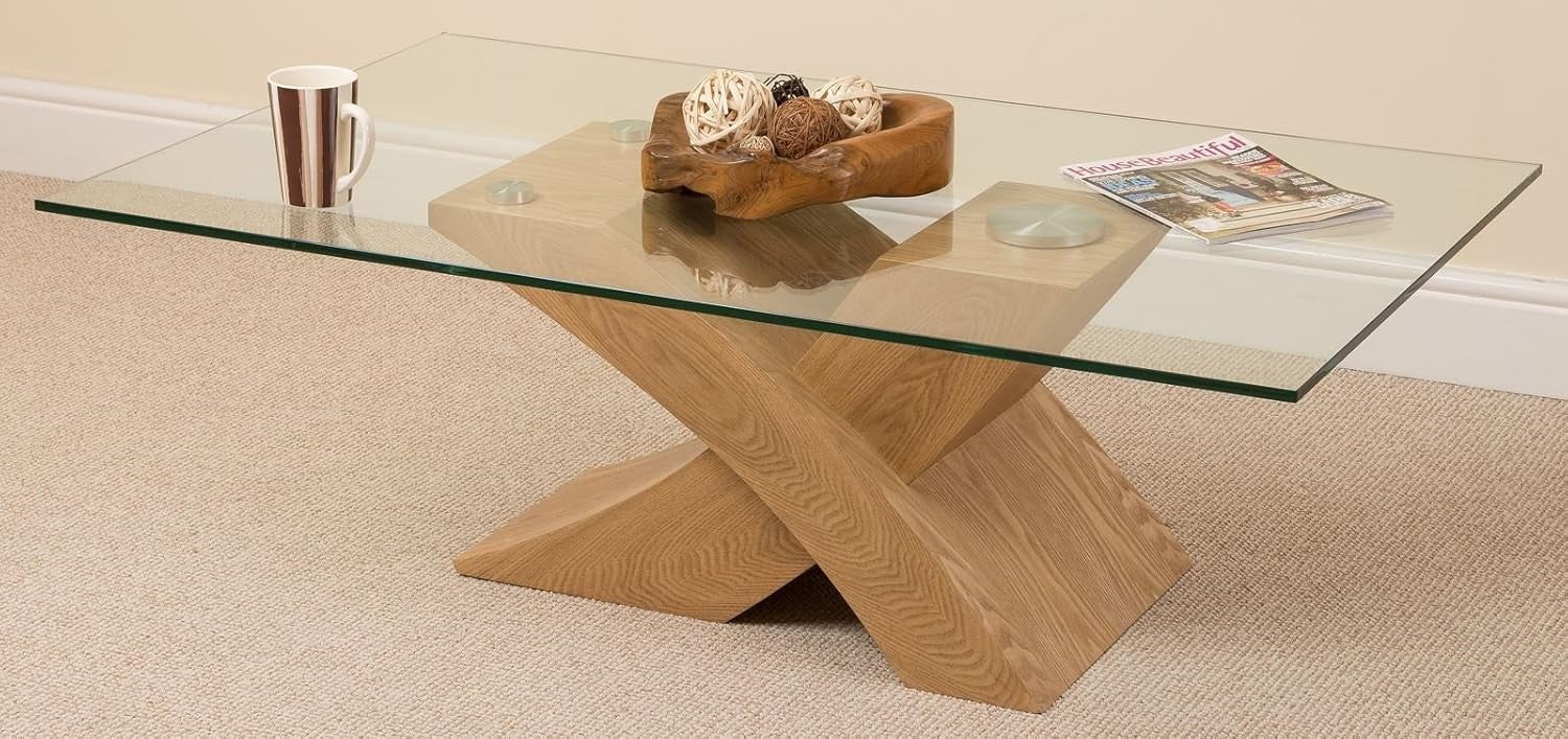 Modern Glass & Oak Coffee Table 135x80cm X-Shape Base Stylish Living Room