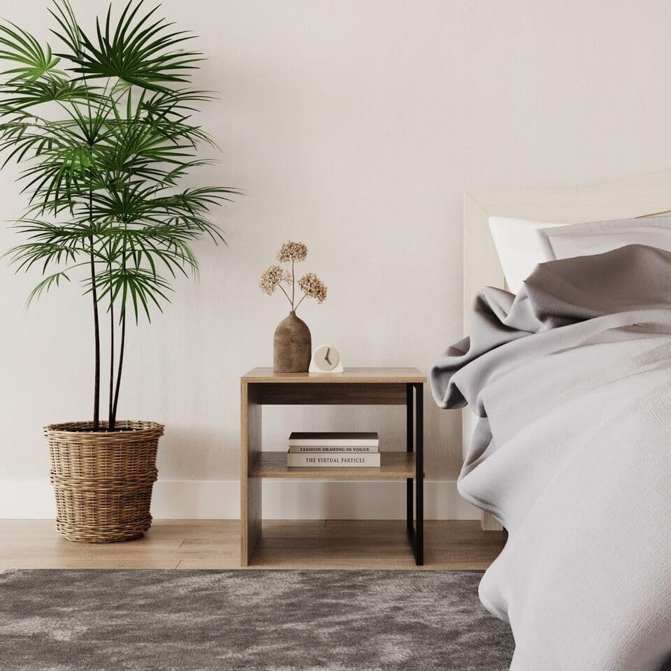 Oak Wood & Steel Side Table 40cm – Sofa or Bedside with Open Storage Shelf