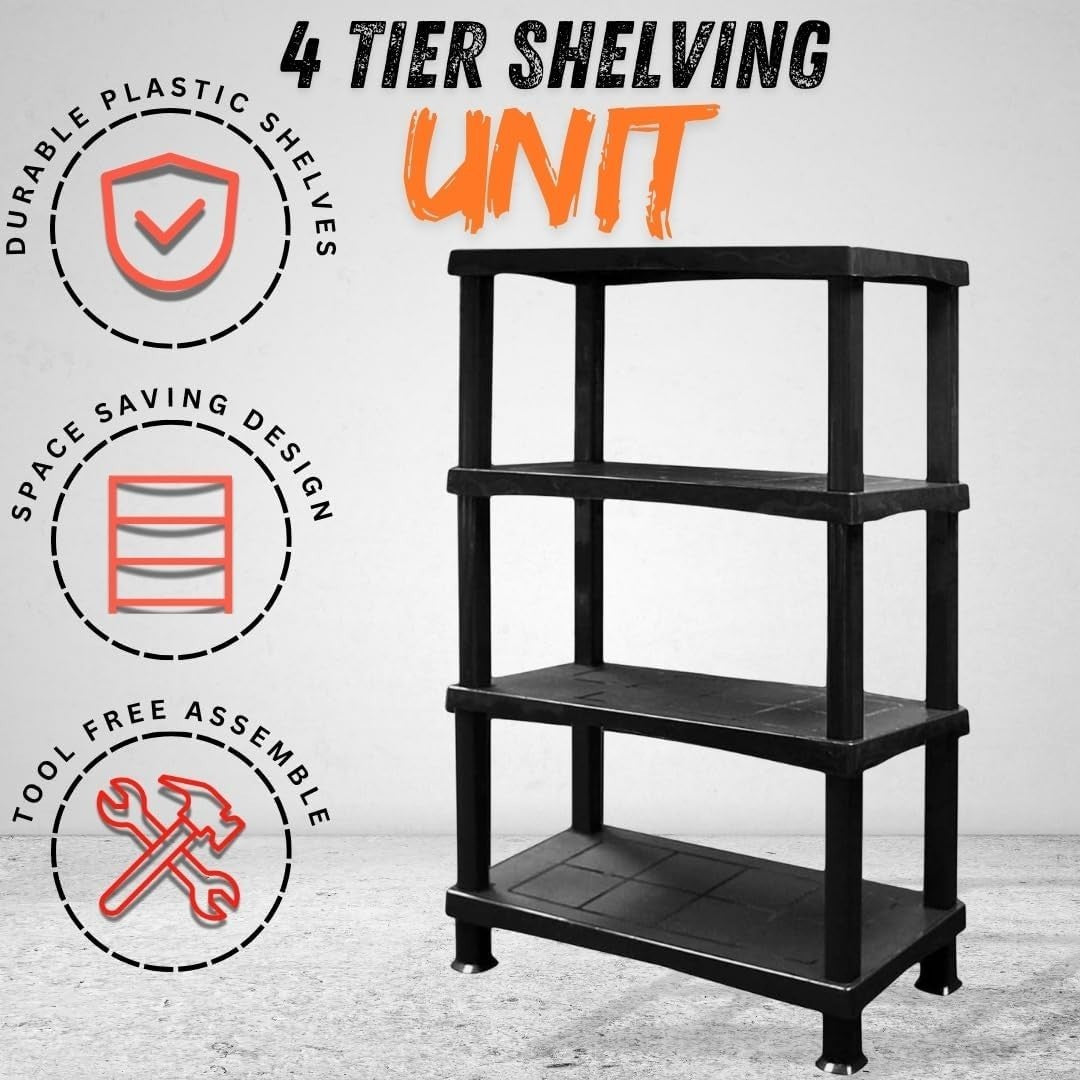 4-Tier Plastic Garage Shelf Heavy Duty Freestanding 135x80x40cm Black
