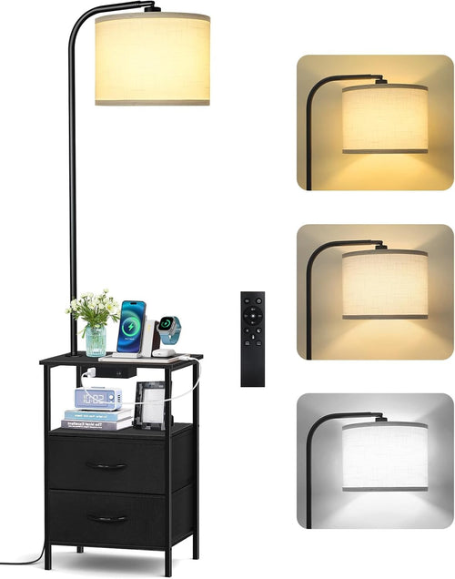Floor Lamp with Table & Drawers, Dimmable LED, Remote, USB Charging