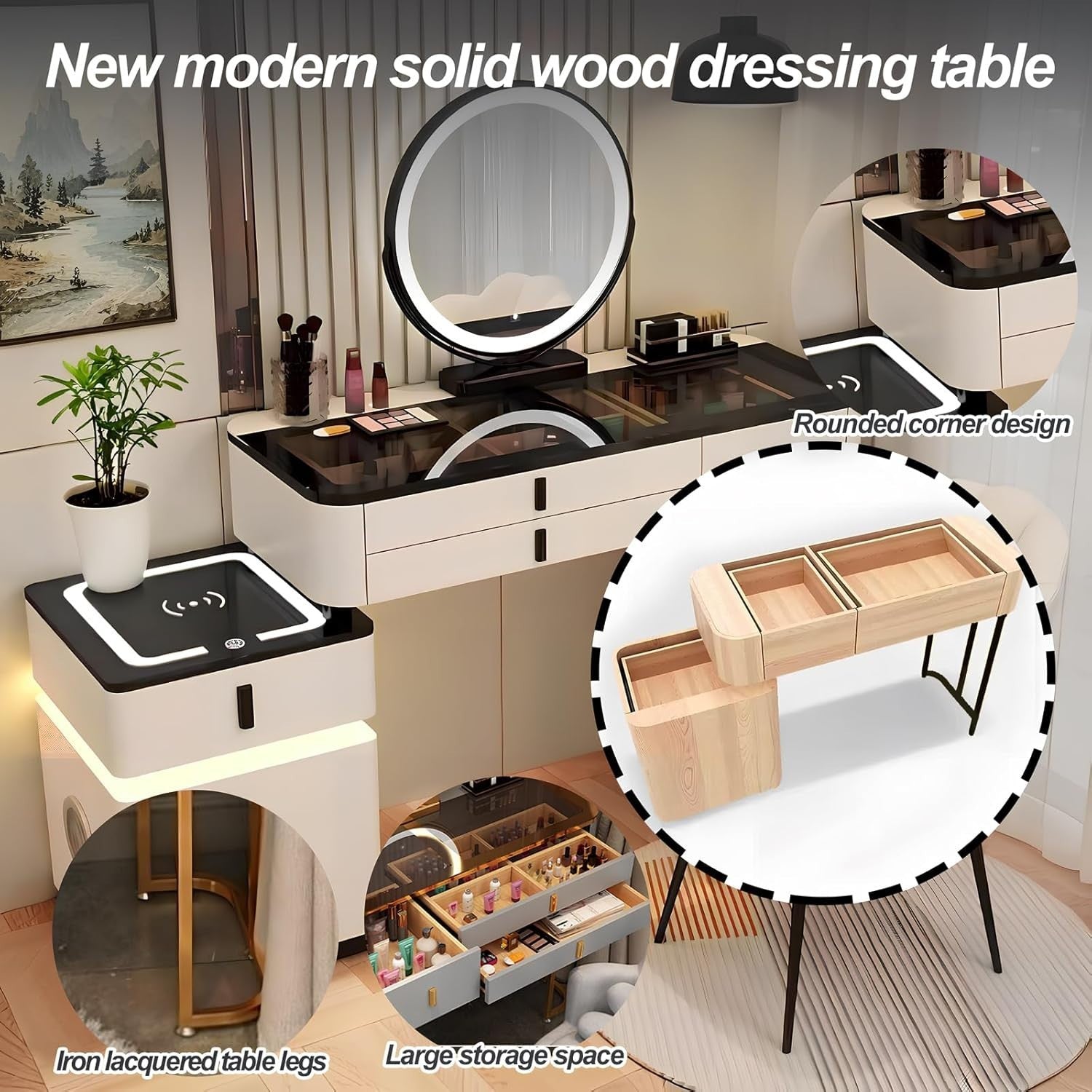 Modern Vanity Makeup Dressing Table w/ Mirror Light Charger Audio White-Black