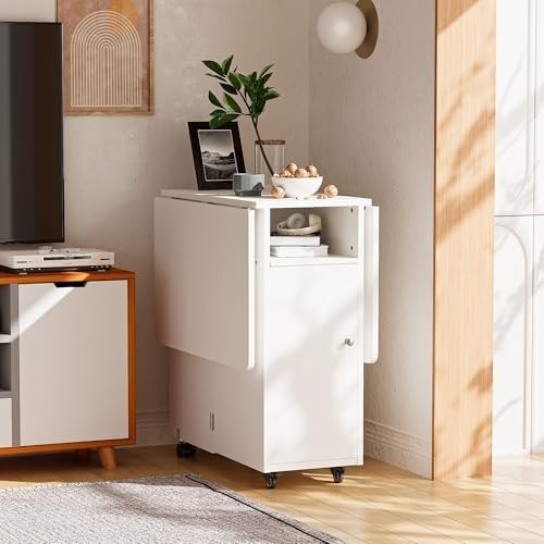 White Folding Drop Leaf Dining Table with Storage Drawer Shelves Space Saving
