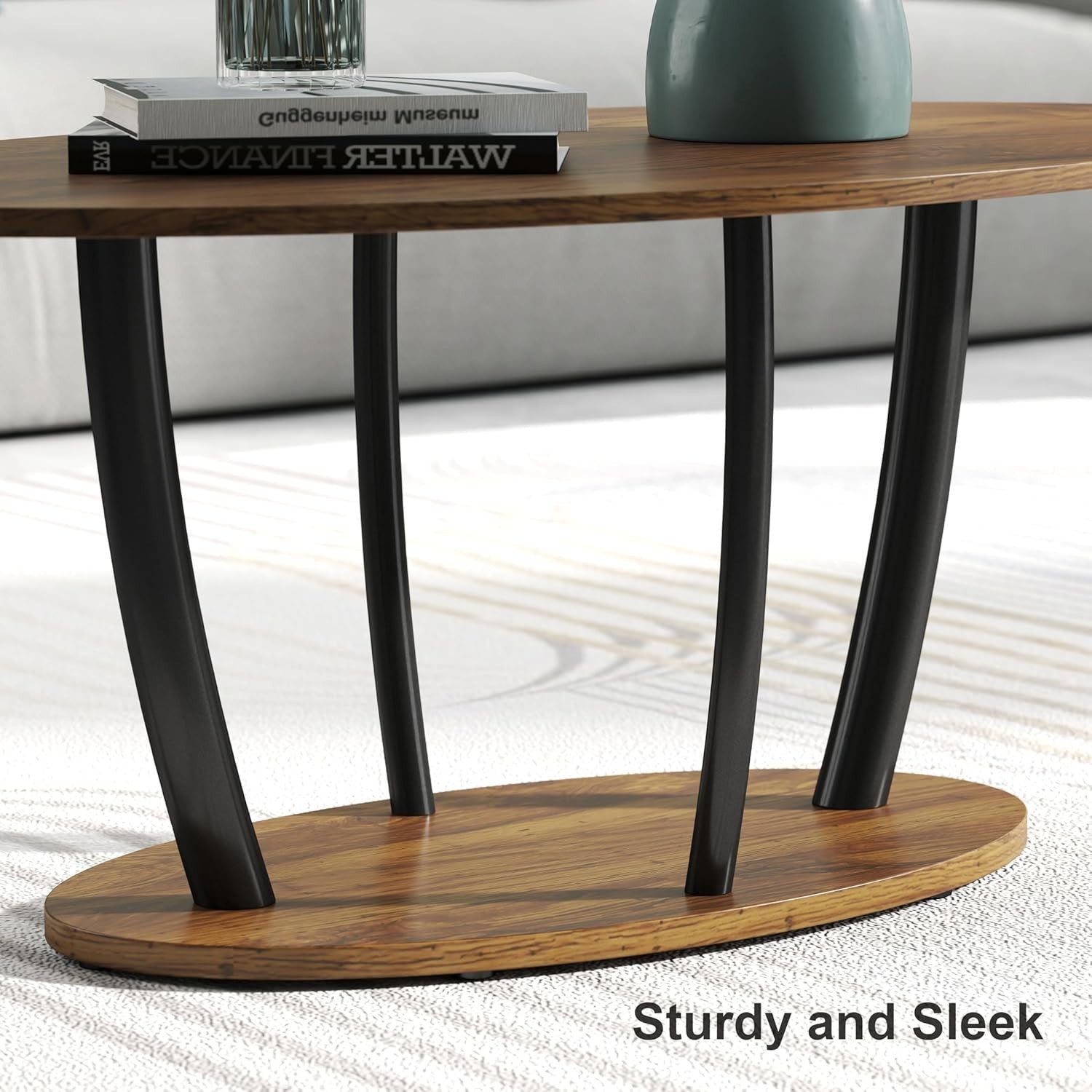 Oval 2-Tier Coffee Table Rustic Brown with Storage Shelf, Modern 100x55cm