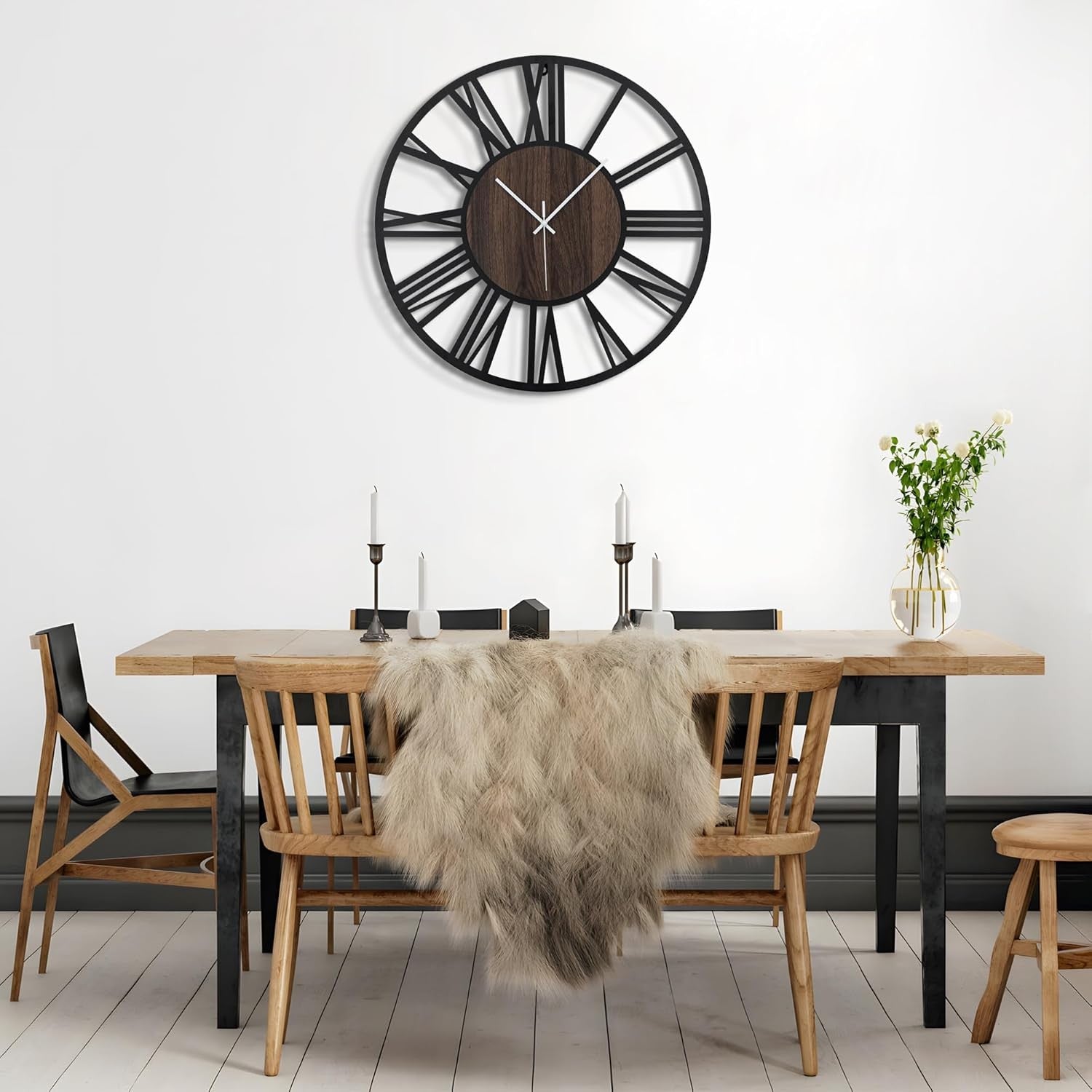 Large 50cm Silent Wall Clock Rustic Metal Wood Roman Numeral Home Decor