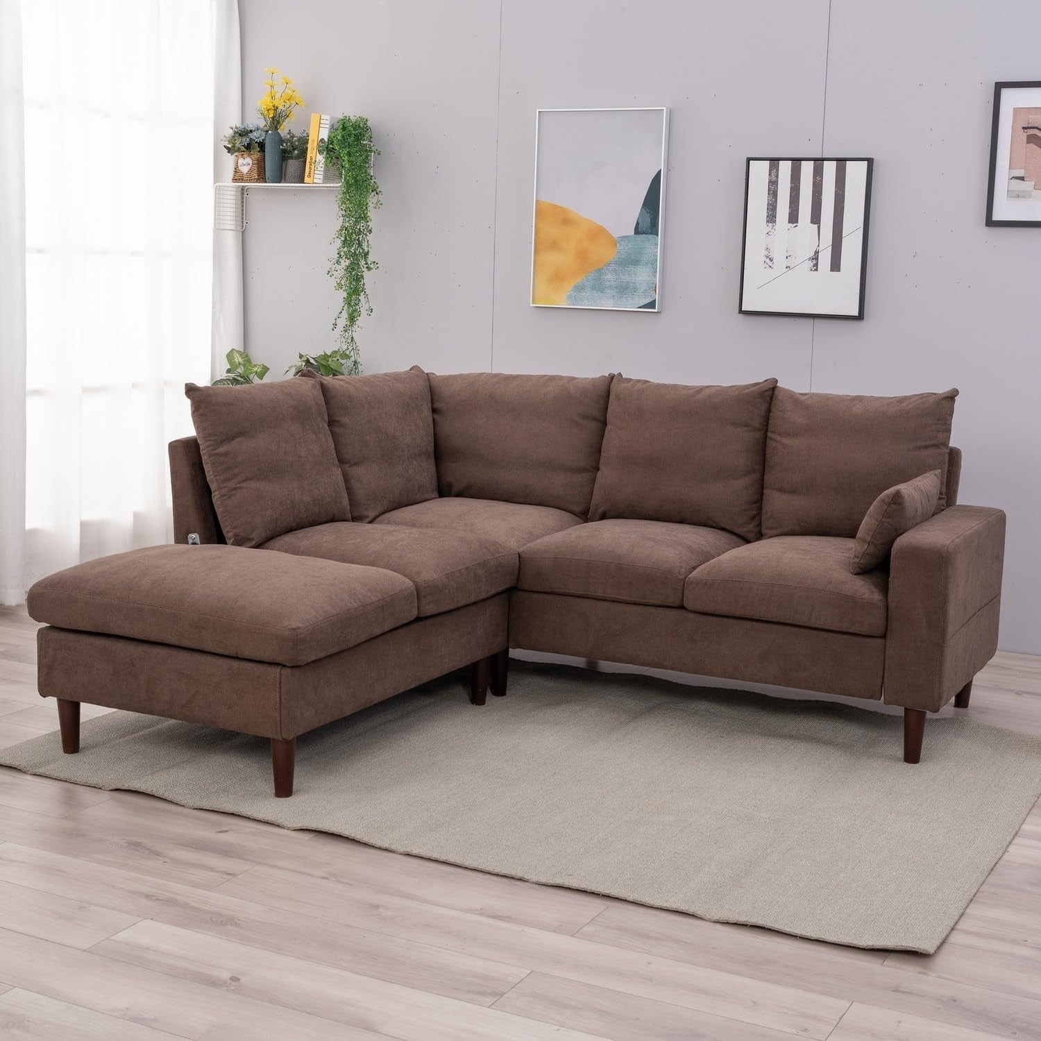 5 Seater L Shape Corner Sofa w/ Chaise & USB Charging | Brown Linen