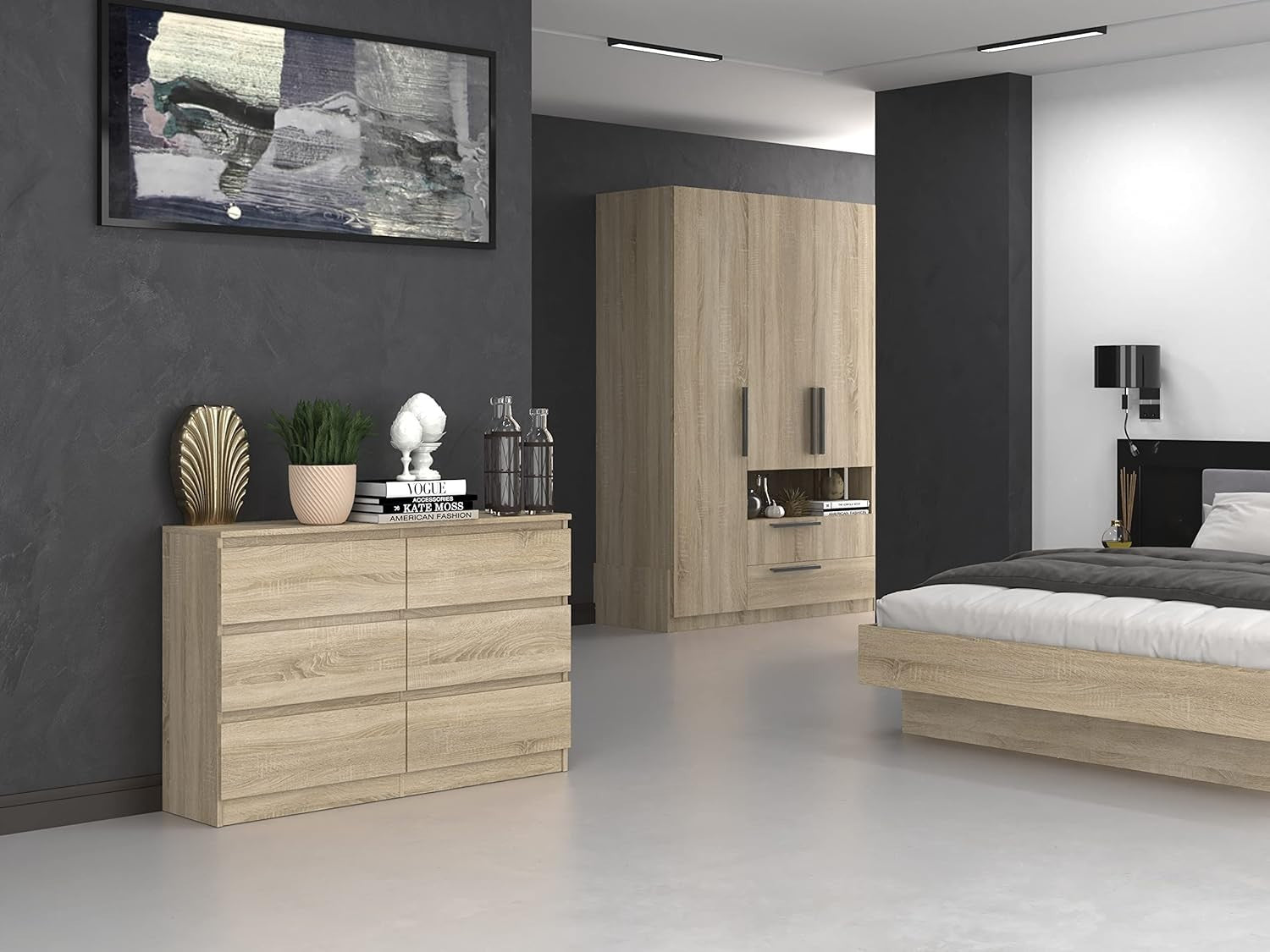 Modern 6-Drawer Sonoma Oak Dresser Chest – Smooth Glide, Space-Saving Storage