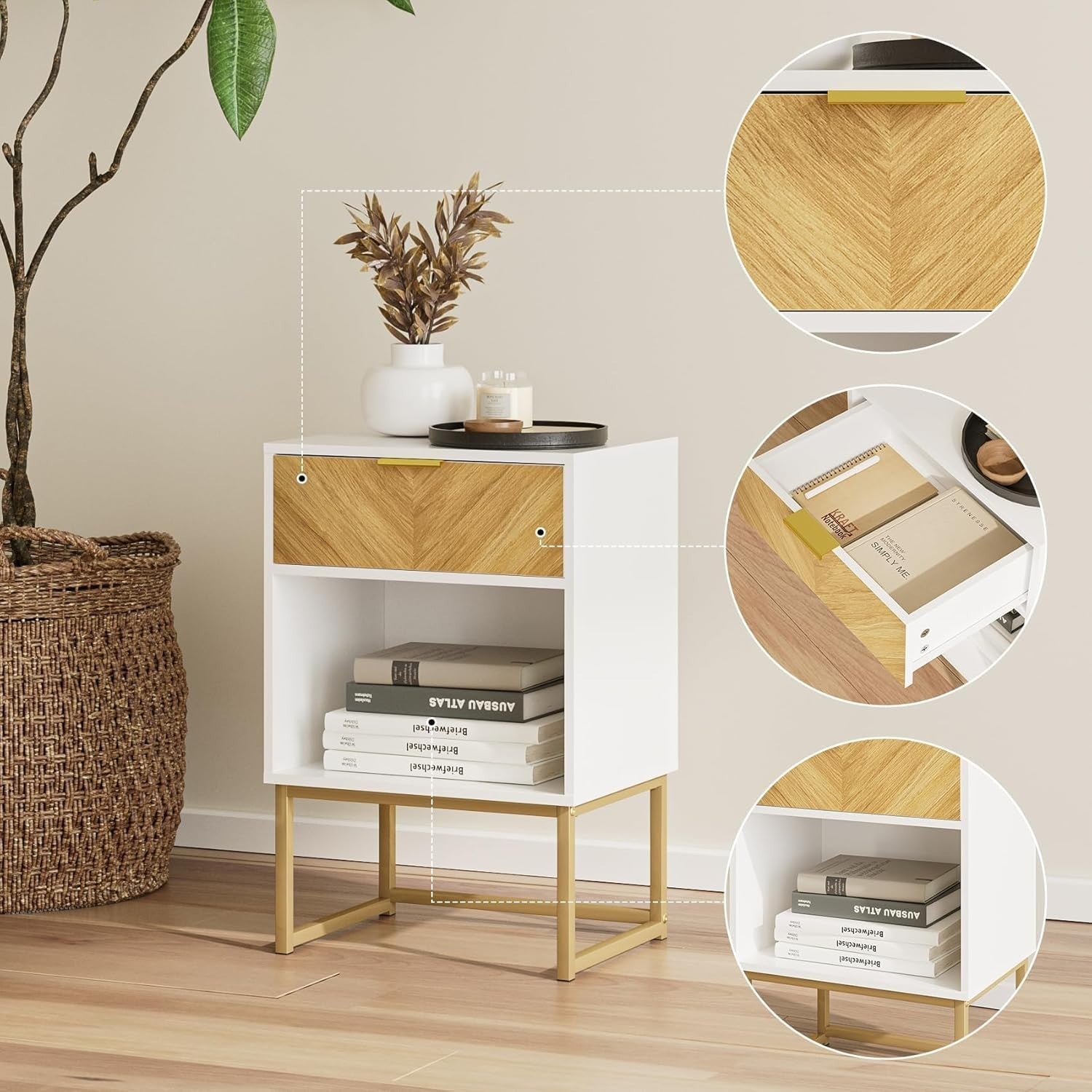 Modern White Bedside Table with Drawer & Shelf – 40x40x65cm Wooden Nightstand