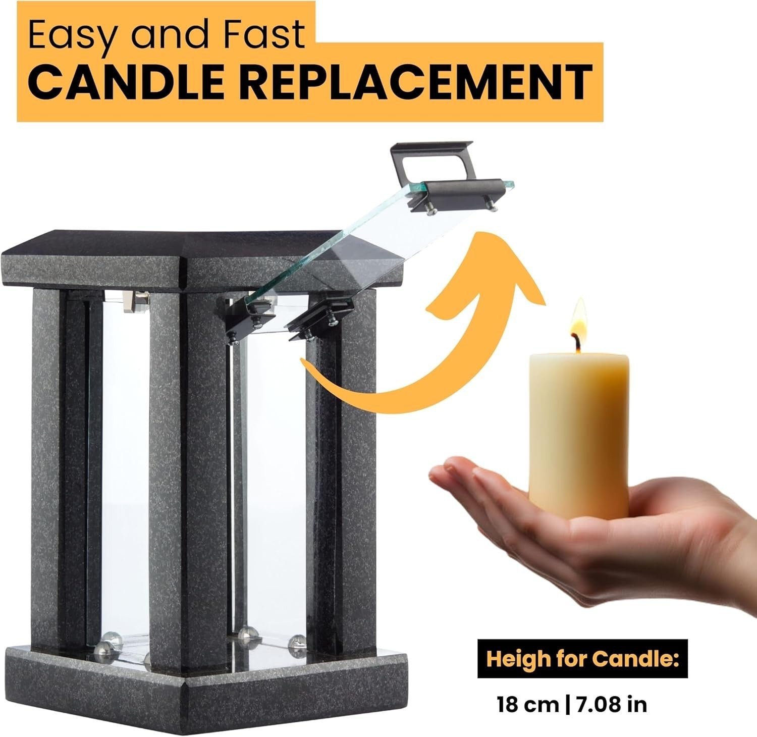 Large Black Granite Candle Lantern 32cm Square Polished Decor