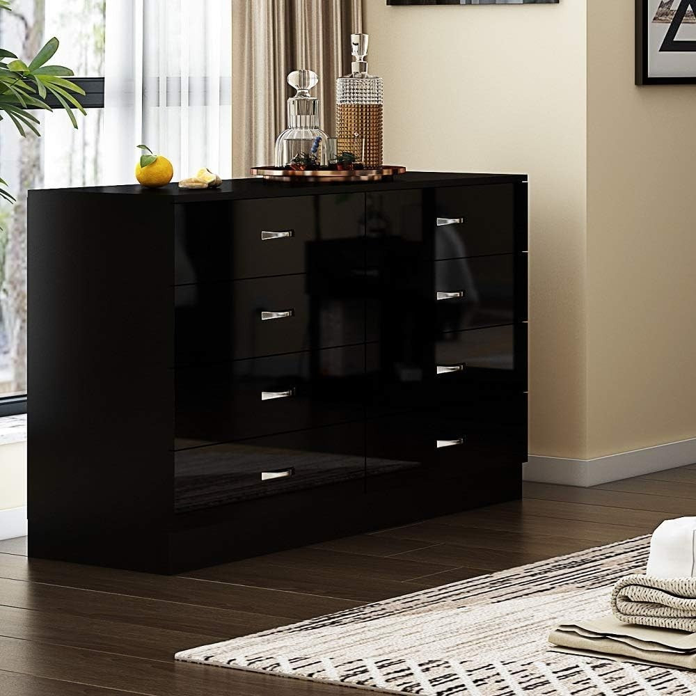 Black Gloss 8 Drawer Chest Wide Storage Unit Modern Bedroom Furniture
