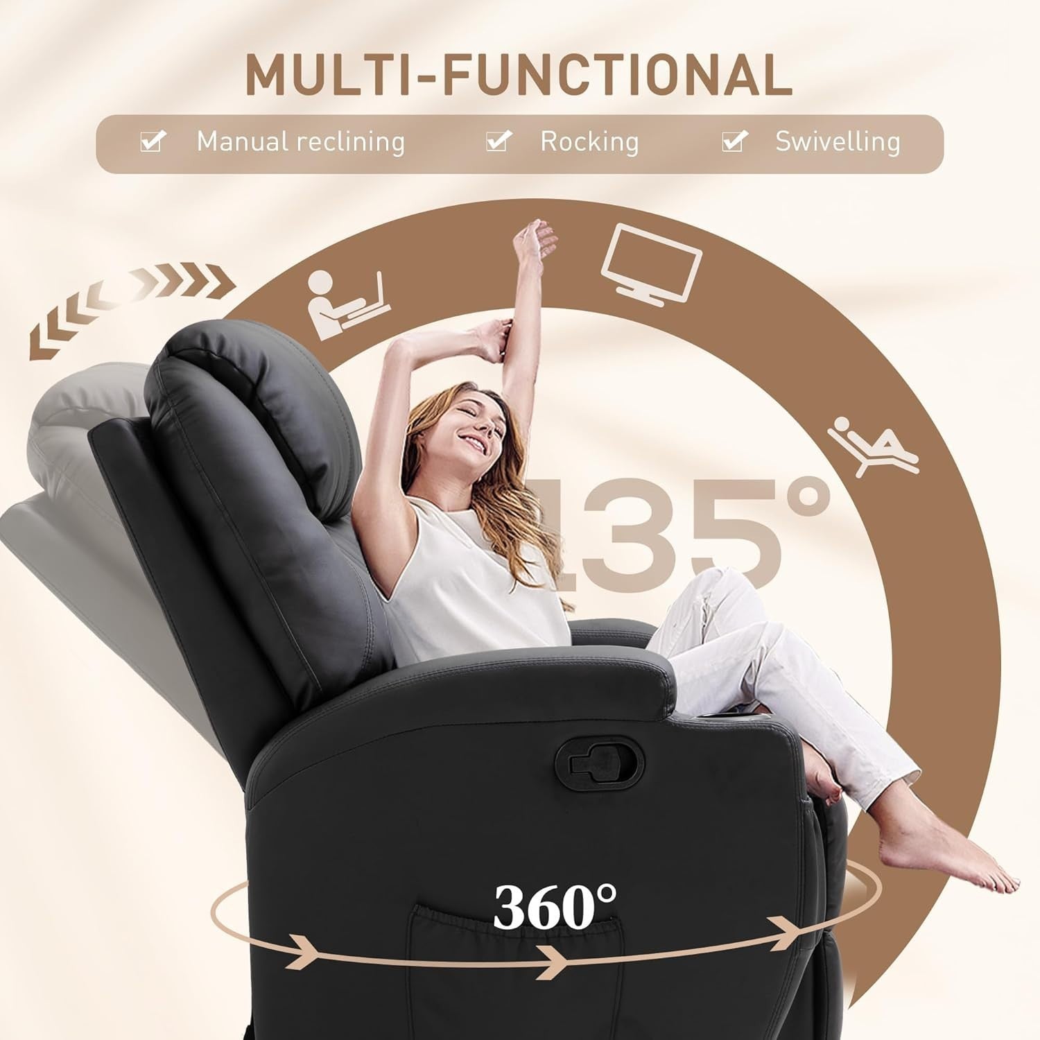 Massage Recliner Rocker Chair 360° Swivel 165° Recline Footrest Black