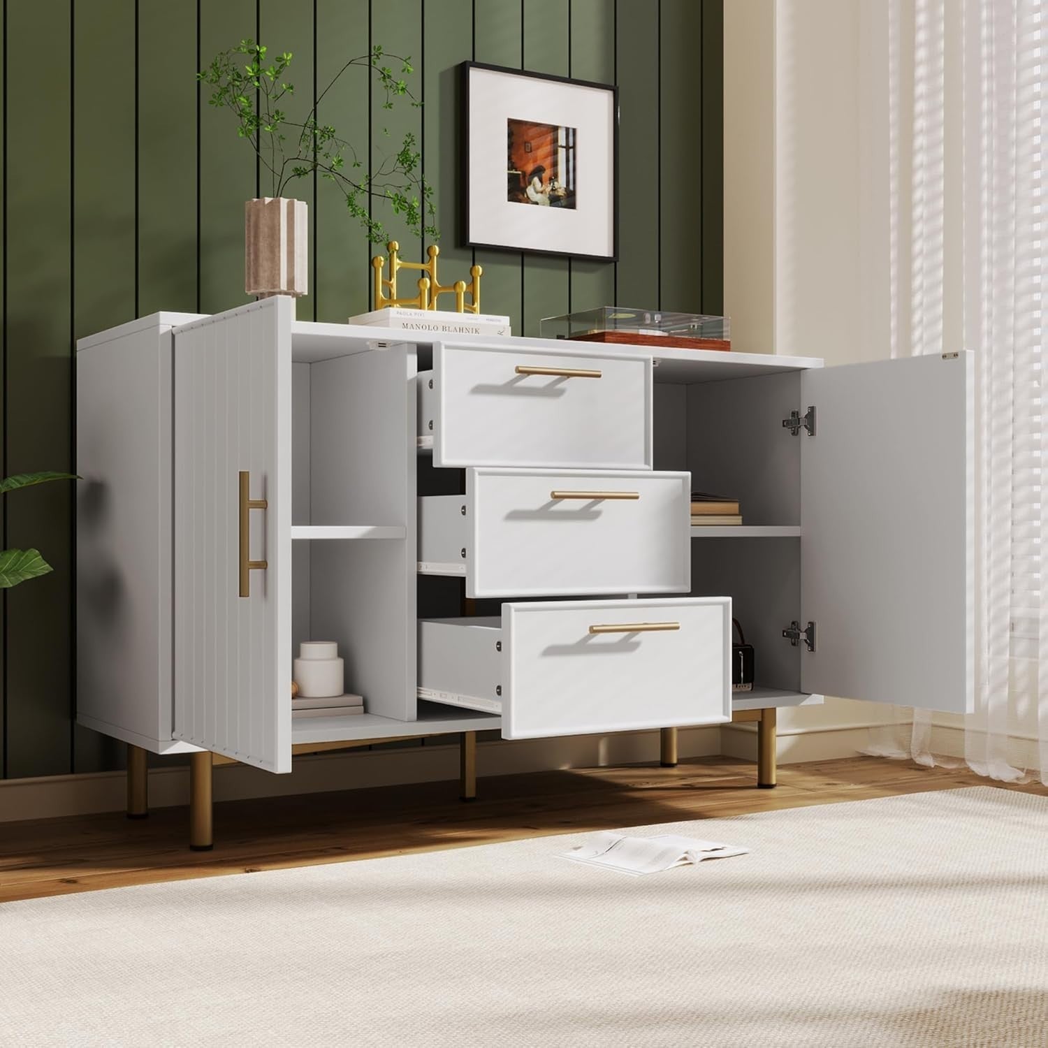 Modern White Sideboard Cabinet Drawers Doors Storage Unit 120cm Wide