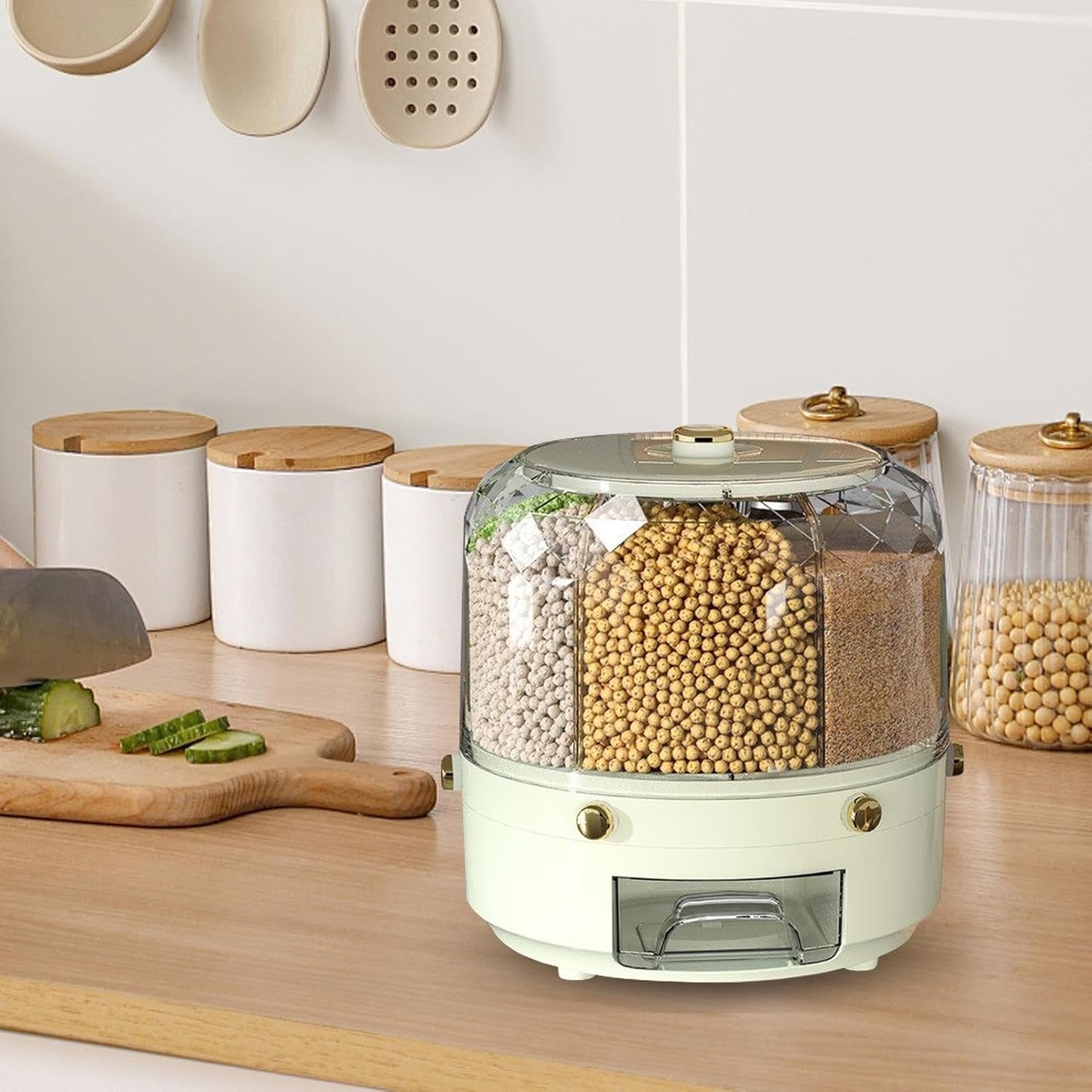360° Rotating Rice Dispenser 6 Grid Round Grain Storage Container