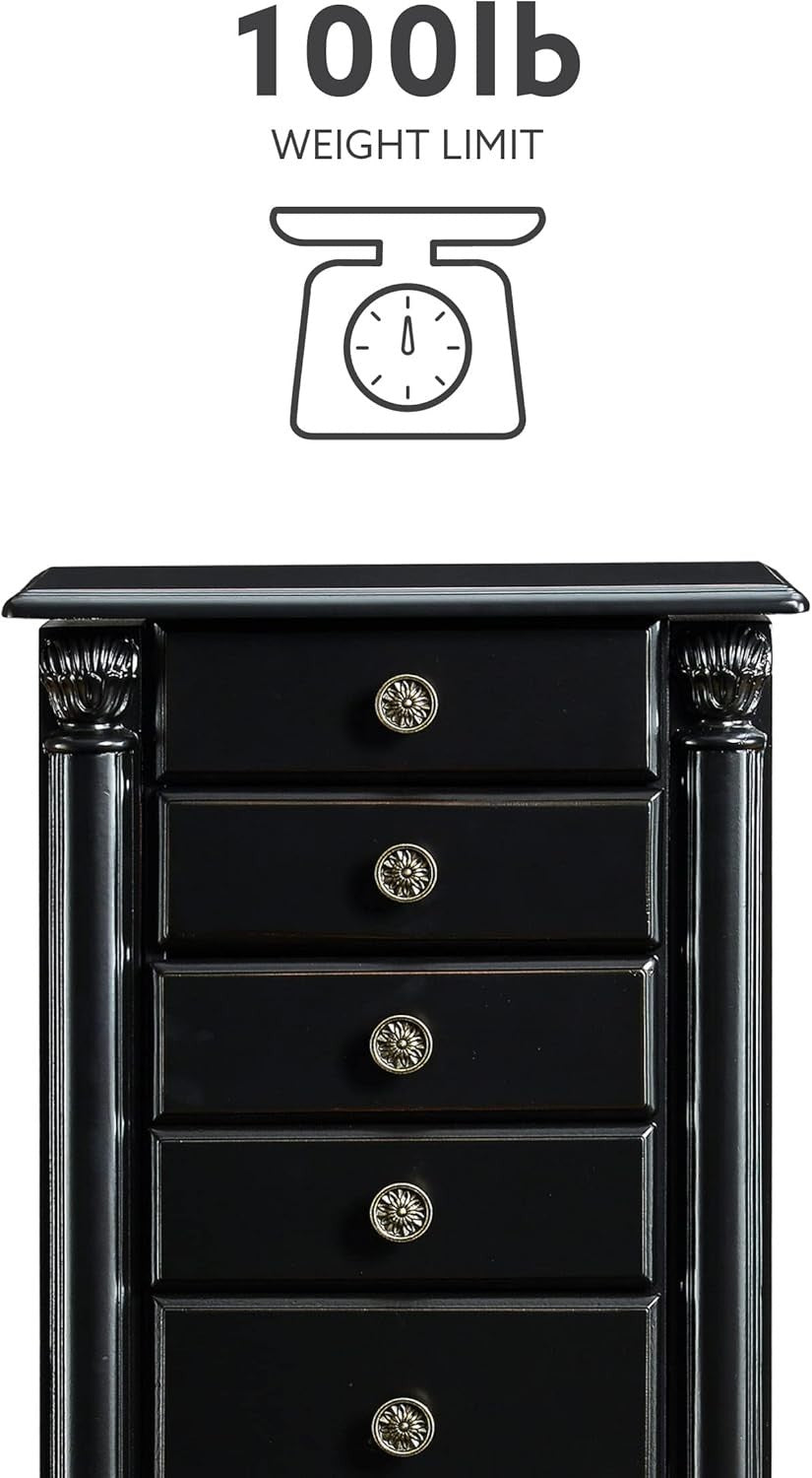 Distressed Ebony Black Jewellery Armoire with Mirror Side Doors Storage
