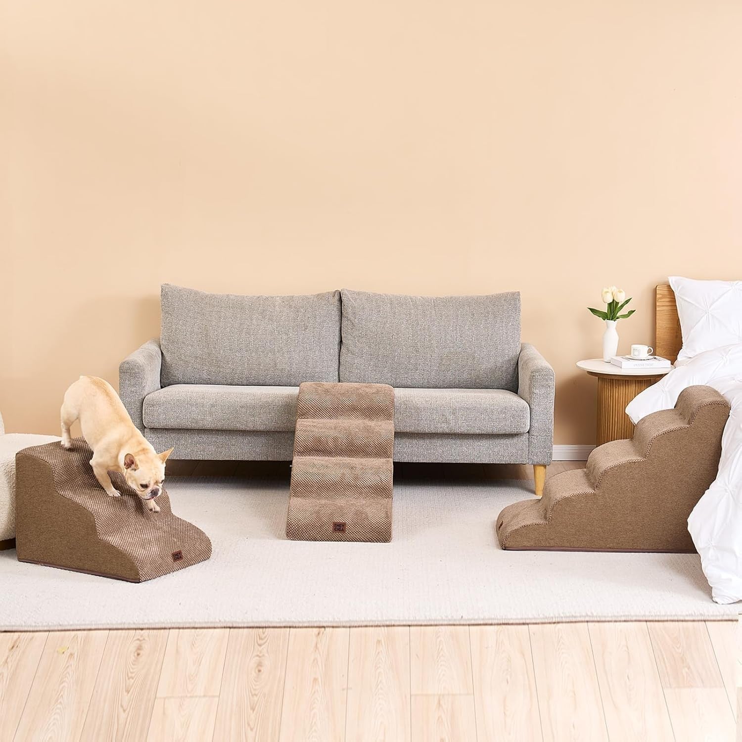 3 Step Dog Stairs for Bed Sofa Non Slip Foam Pet Steps Washable Camel
